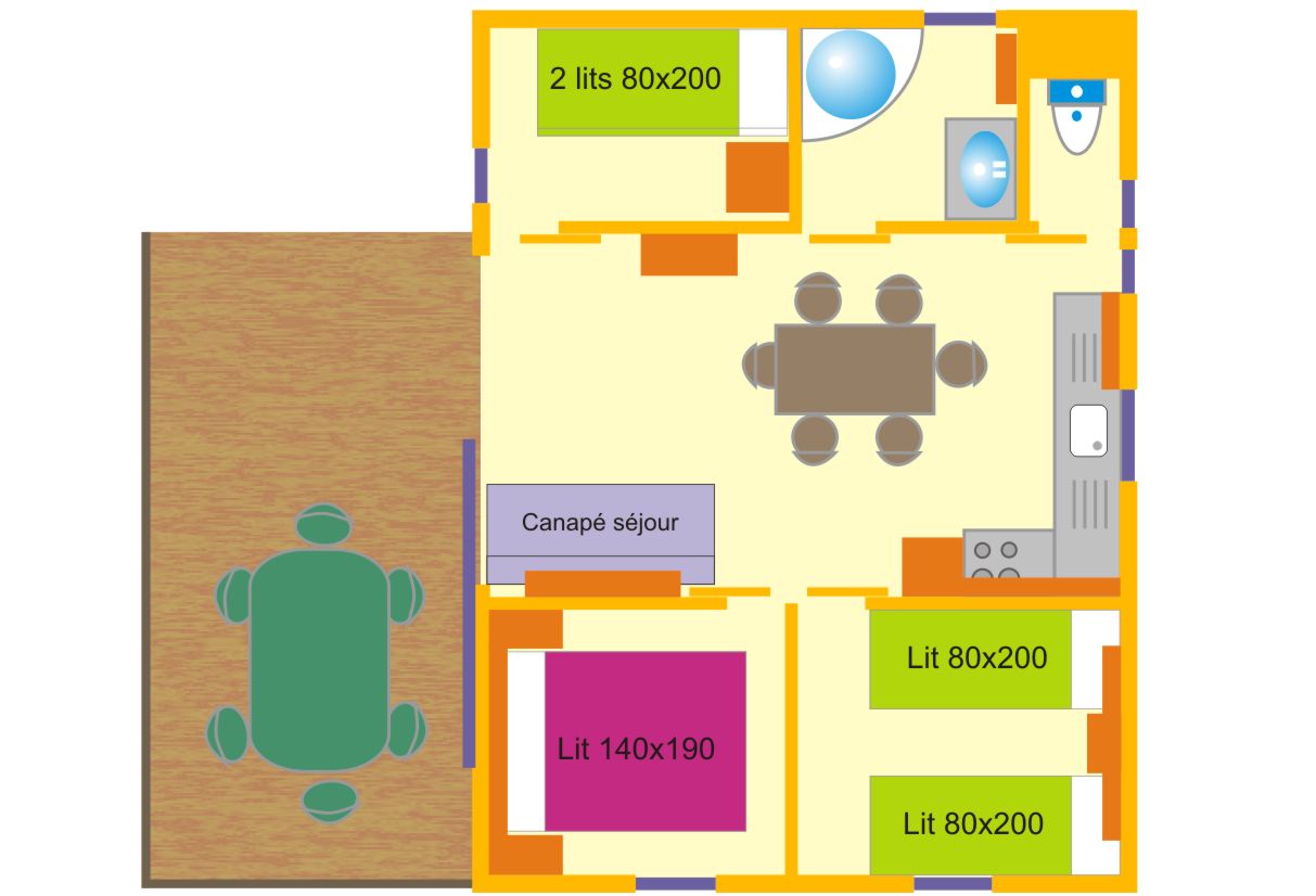 plan chalet samoa 3 chambres 6 personnes camping du vieux chateau rauzan